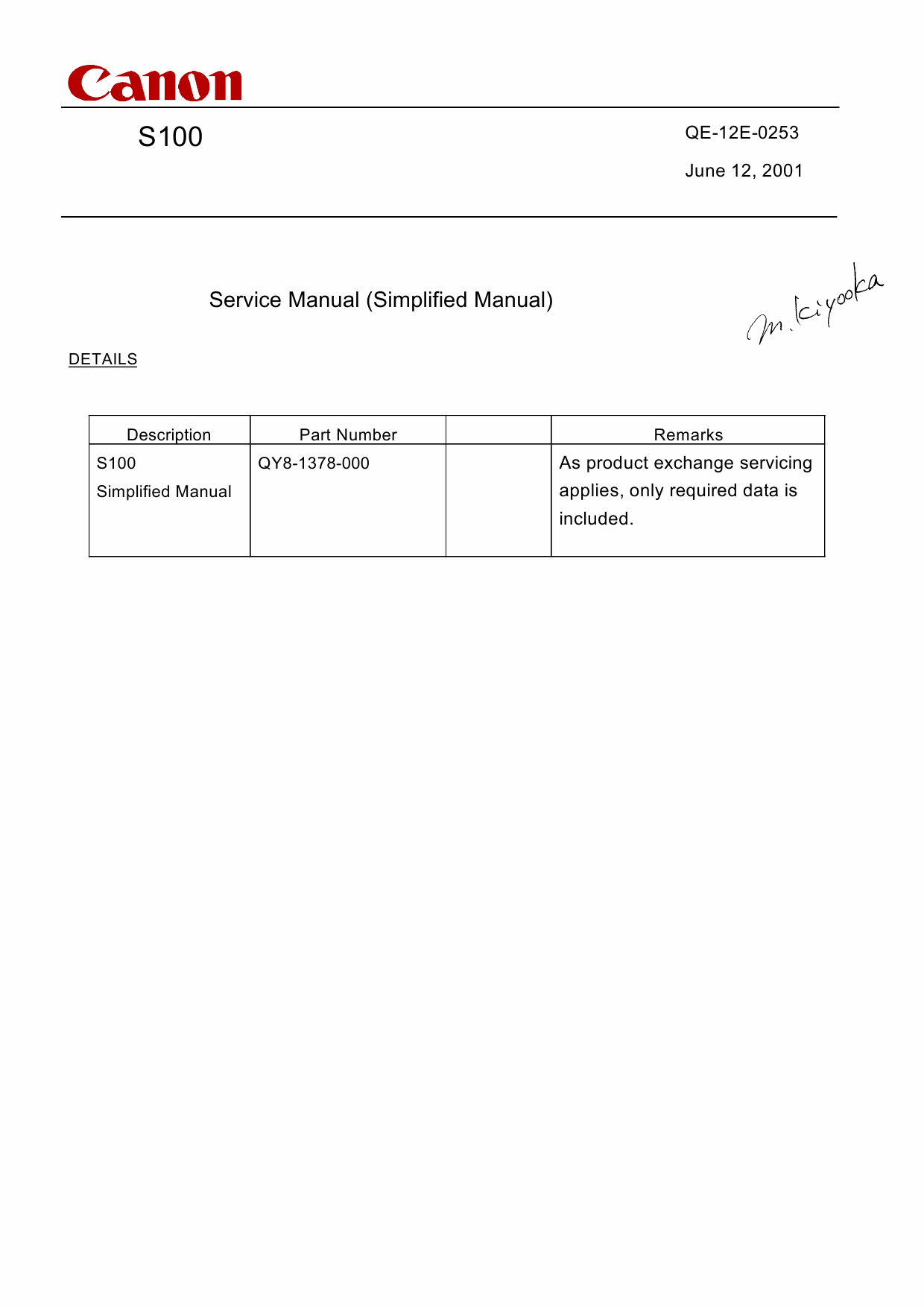 Canon PIXUS S100 Simplified Service Manual-1